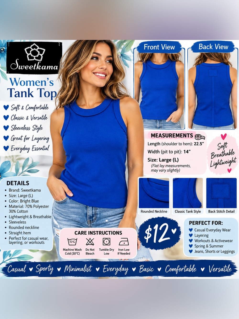 Sweetkama Ribbed Tank Top in Blue Size Large